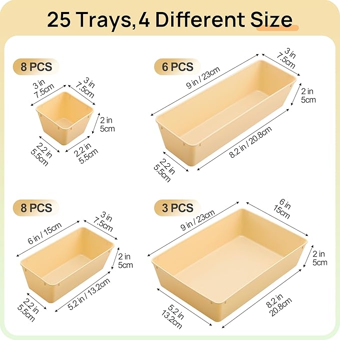 Vtopmart 25 PCS Plastic Drawer Organizers Set, 4-Size Versatile Bathroom and Vanity Drawer Organizer Trays, Storage Bins for Makeup, Bedroom, Kitchen Gadgets Utensils and Office-NeatNest
