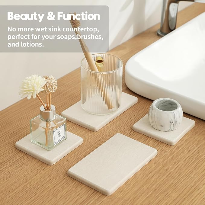 4PCS Bathroom Sink Vanity Trays, Diatomaceous Earth Quick Stone Drying Mat Kitchen Counter Dish Soap Dispenser Sponge Holder, Water Absorbing Caddy Organizer for Bottle & Cup, Beige-NeatNest