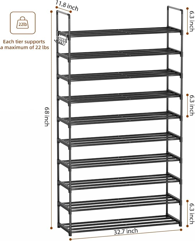 10 Tier Metal Shoe Rack, Tall Shoe Rack for Entryway, Shoe Organizer for Closet, Shoe Storage for Front Door Entrance & Entryway, Large Long Shoe Stand Holder Adjustable Shelf Height-NeatNest
