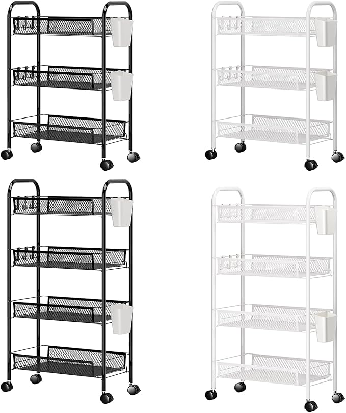 3/4/5 Tier Fruit Vegetable Basket, Stackable Metal Mesh Storage Basket with 360 Degree Wheels, Fruit Vegetable Produce Basket Storage Organizer for Kitchen, Pantry, Bathroom White 5-Layers