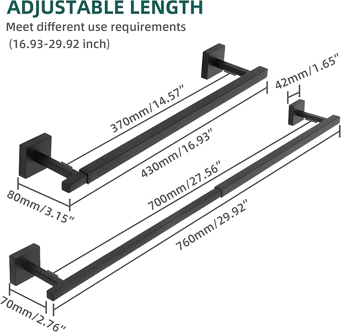 Alise Bathroom Towel Bar, Adjustable 17-30 Inch Single Towel Racks SUS304 Stainless Steel Towel Holder, Towel Racks for Bathroom Wall Mounted Towel Rack Matte Black
