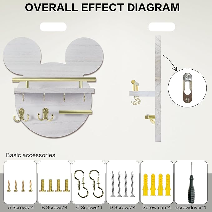 AIRPOP Disn Key Holder for Wall–Mouse Wooden Mail Organizer Wall Mount with Shelf and 6 Hooks, Easy Installation Key Rack Hanger for Entryway Living Room Home Decor(White)