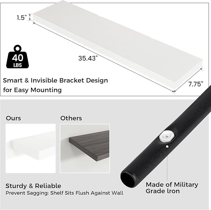Floating Shelves for Wall, 36"W x 7.8"D x 1.5"H, 2 Pack of Long Wall Mounted Engineered Wood Shelves with Invisible Brackets for Living Room, Bedroom, Bathroom, Kitchen Decor and Storage, White-NeatNest