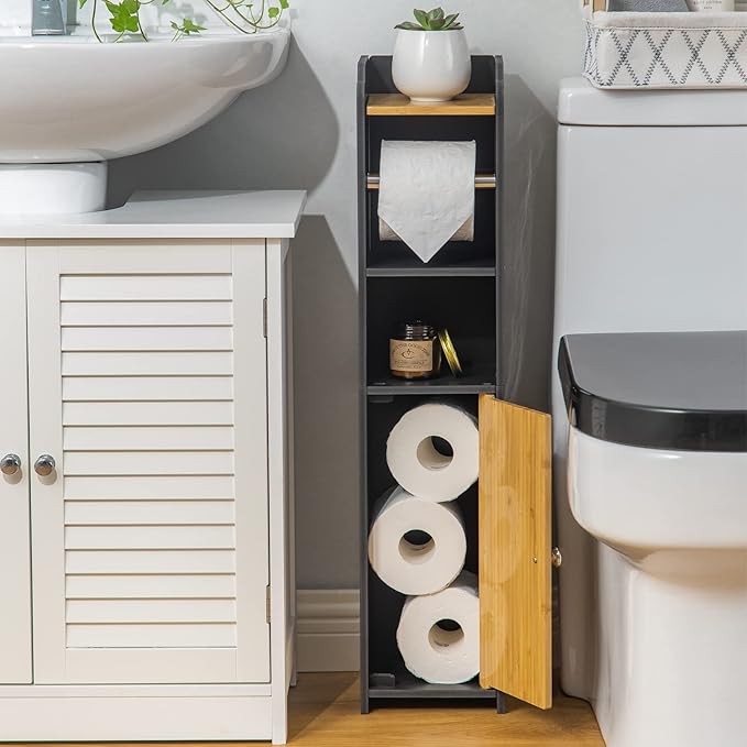 AOJEZOR Toilet Paper Holder Stand: Small Bathroom Storage Cabinet - Black - Bamboo-NeatNest