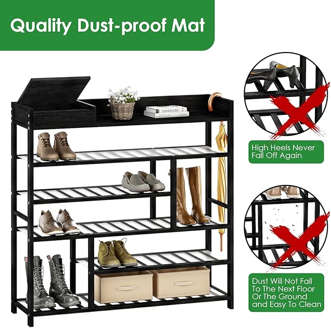 Large Bamboo Shoe Rack with Dust-Proof Pads Spacious 6-Tier Shoe Storage Organizer with Boot Rack and Storage Box Convenient Shoe Rack Shelf for Entryway Closet （Black）-NeatNest