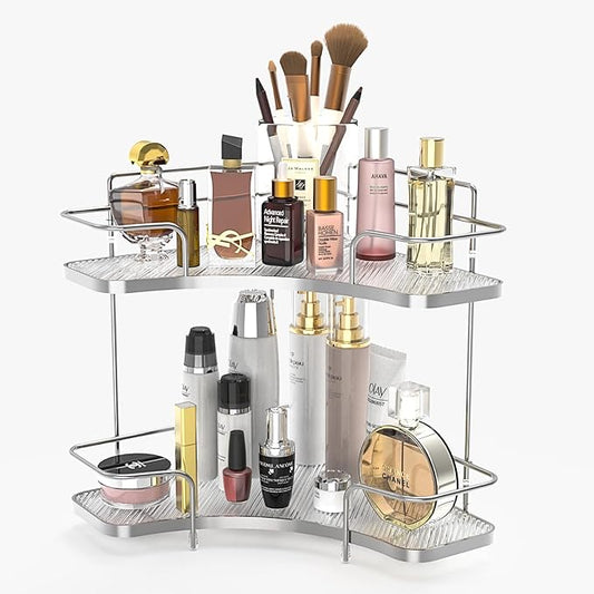 FOLLOWIN 2 Tier Bathroom Countertop Corner Organizer,Countertop Perfume Tray,Vanity Counter Shelf,Skincare Makeup Cosmetic Vanity Organizers,Silver-NeatNest