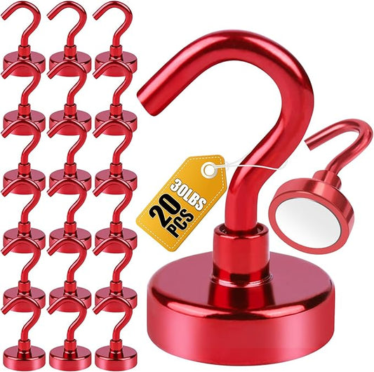 DIYMAG Magnetic Hooks, 30Lbs Strong Heavy Duty Cruise Magnet S-Hooks for Classroom, Fridge, Hanging, Cabins, Grill, Kitchen, Garage, Workplace and Office etc, (20 Pack-Red)-NeatNest
