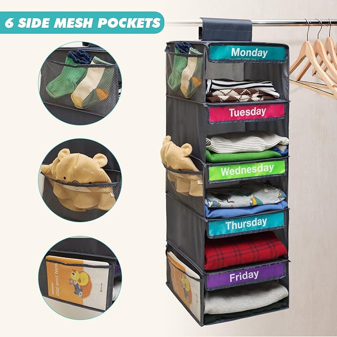 5-Shelf Weekly Clothes Organizer for Kids, Kids Daily Shelf Hanging Closet Organizer with 6 Side Pockets, Days of The Week Hanging Storage Shelves, Grey-NeatNest