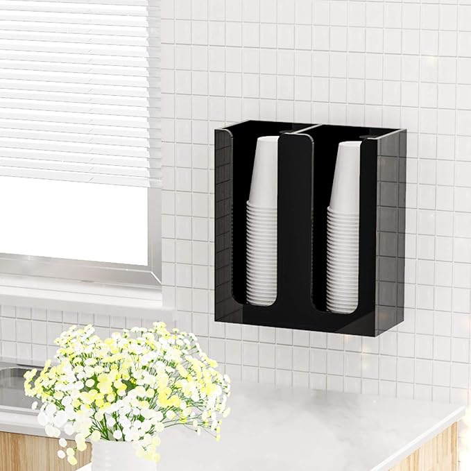 Richboom Acrylic Coffee Cup and Lid Storage Organizer Holder, 2 Compartments, Black-NeatNest