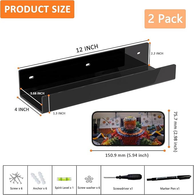 12 Inches Black Acrylic Wall Shelf for Home, 2 Pack, Acrylic Organizer Shelves for Wall, Wall Mounted Storage Display Shelf-NeatNest