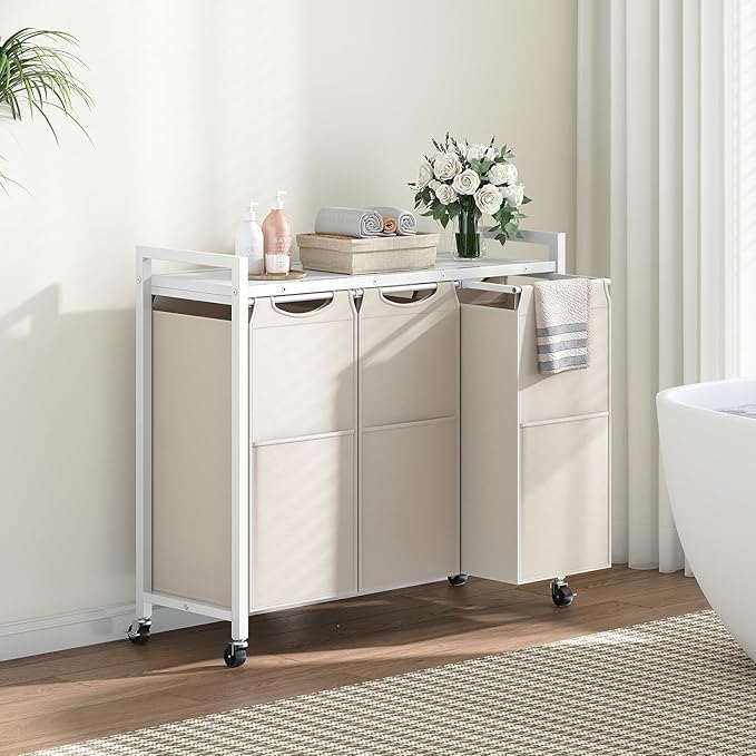 HOOBRO Laundry Sorter 3 Section, Laundry Hamper with Wheels, 3 × 11.5 Gal (43.4L), Rolling Laundry Basket, Pull-Out and Removable Oxford Fabric Bags, White WG76XY01-NeatNest