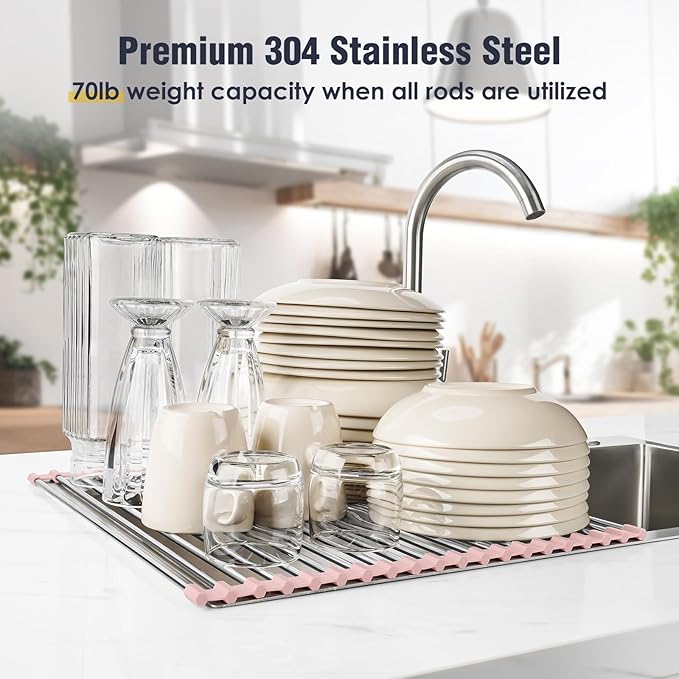 Tomorotec 17.7" x 15.5" Roll Up Dish Drying Rack Over Sink Drying Rack Sink Cover Kitchen Sink Accessories Gadget Multipurpose Organizer Foldable Stainless Steel Drainer