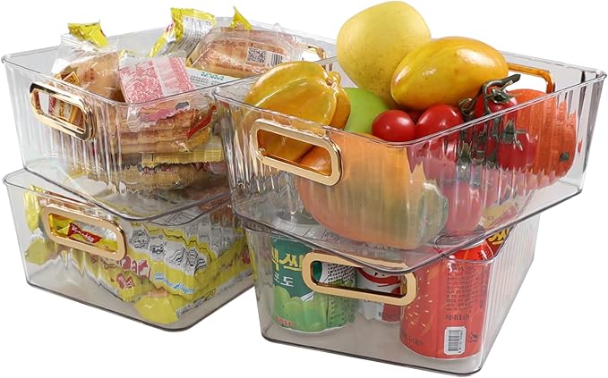 4-pack Clear Pantry Organizer Bins, Kitchen Cabinet Fridge Organizer Basket Bins