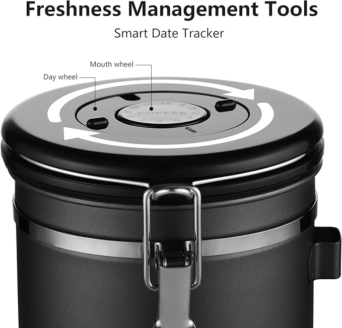Airtight Coffee Container with CO2 Valve, Holds up to 1.5lb of Beans Stainless Steel Coffee Canister - One-Way Valve Keeps Beans Fresh, Lid, Date Tracker & Scoop, for Coffee Beans Grounds, Tea.