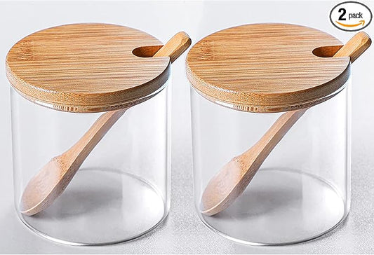 FANTESTICRYAN 2 PCS Clear Glass Condiment Canister Pots Set, Simple Stylish Decorative Storage Seasoning Container with Bamboo Lid & Spoon for Home Kitchen Café Storing Salt Sugar Spice (Round)