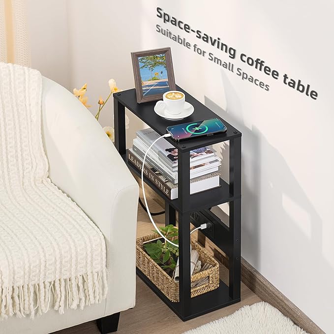 3-Tier Small Narrow Wood Side Table Set of 2 with Charging Station - Skinny Nightstand for Small Spaces, Slim Bedside Table with USB Ports and Outlets - Thin End Table with Storage, Black