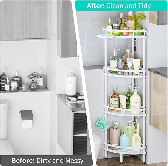 HapiRm Standing Corner Shower Caddy - 4 Tier Shower Organizer Corner with Soap Holder and 4 Hooks, Rustproof Bathroom Storage Shelves with Adhesives, White