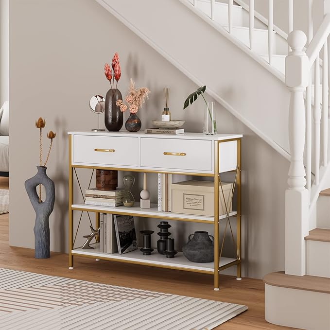 HITHOS Industrial Console Table with Drawers, Vintage Hallway Foyer Table with Storage Shelves, Narrow Long Sofa Entryway Table for Living Room, White/Gold-NeatNest