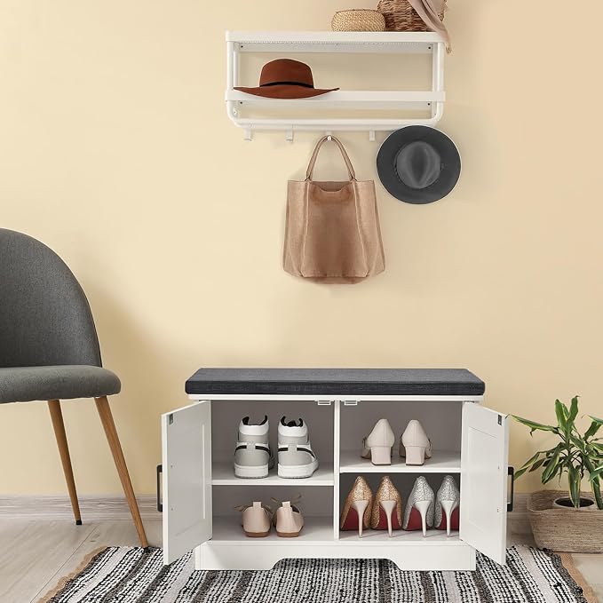 2-Tier Storage Bench, Shoe Bench with Padded Seat Cushion, Entryway Bench with 2 Barn Doors, Adjustable Shelf, 13.8" D x 27.6" W x 17.7" H, for Entryway, Living Room, Bedroom, White-NeatNest