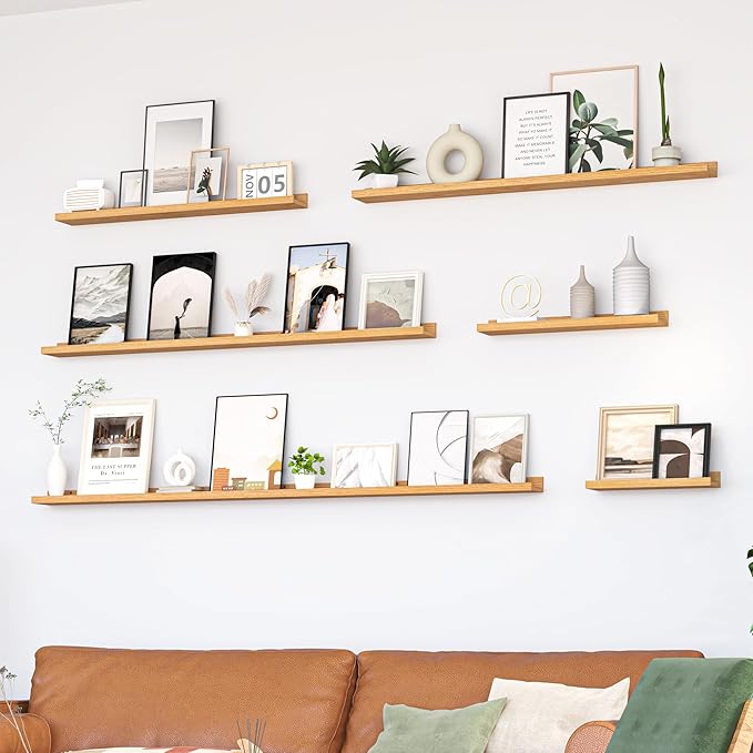 Heimlove Picture Ledge Shelf, Floating Shelves Set of 2, 56 Inches Picture Shelf for Wall with Ledge, Kids Bookshelf Wall Mounted for Living Room Bedroom Decor Books Photo Frames, Natural Oak-NeatNest