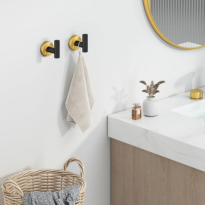 Angle Simple Black & Gold Towel Hook 2 PCS, Stainless Steel Bathroom Robe Holder, Round Coat Hand Towel Hanger, Wall Mounted
