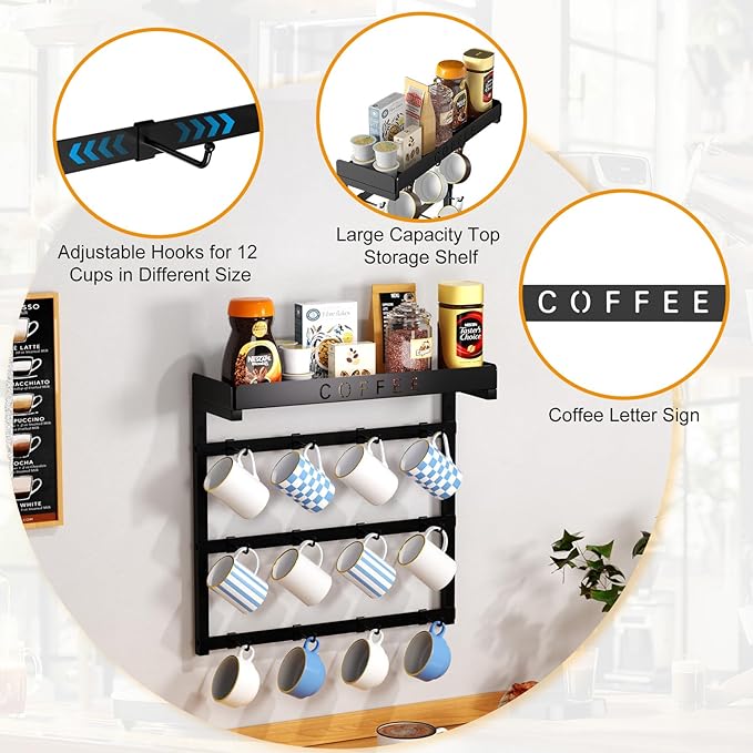 Coffee Mug Holder Wall Mounted with 12 Movable Hooks, Metal Coffee Cup Holder with Top Shelf, Mug Rack Wall Mount for Home Kitchen Display and Collection-NeatNest