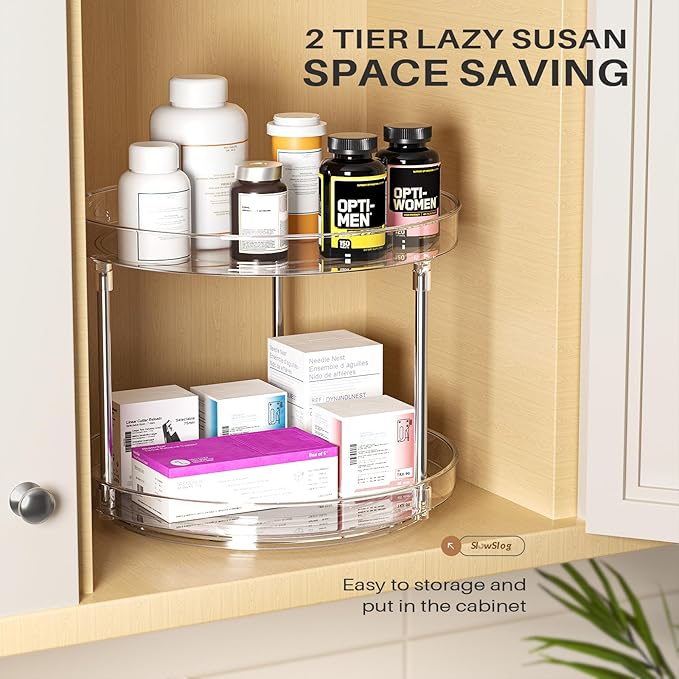 2 Pack 10.6-Inch 2 Tier Lazy Susan Organizer, 360 Degree Rotating Clear Turntable for Cabinet, Makeup and Perfume Organizer for Vanity, Kitchen, and Bathroom Counter Tray-NeatNest