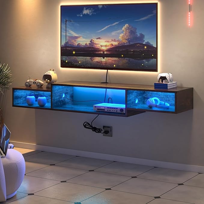 4 EVER WINNER Floating TV Shelf with LED Lights and Power Outlet, 59" TV Stand for Cable Box Audio Video, Floating Entertainment Center for Living Room, Bedroom, Rustic Brown-NeatNest