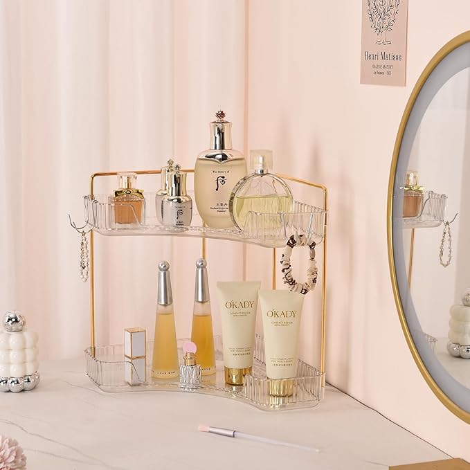 2-Tier Plastic Bathroom Counter Corner Organizer with Hooks, Bathroom Sink Organizer and Storage Countertop Vanity Tray, Perfume Organizer (Gold Clear)-NeatNest