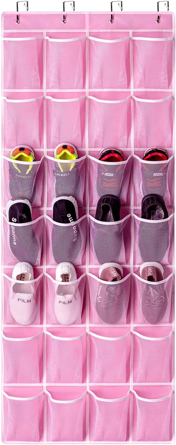 KEEPJOY 28 Pockets Hanging Shoe Organizer, Over the Door Shoe Organizer, Hanging Door Shoe Holder Rack with Mesh Pockets Large Size 65 x 23 Inch (Pink-1Pack)-NeatNest