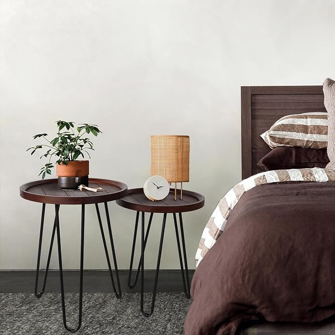 Oakrain Walnut Nesting Tables, Set of 2 - Small Round Farmhouse End Tables, Coffee Table, Hallyway
