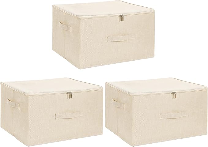 ANMINY 3PCS Storage Bins with Zipper Lids 51.9 Qt Lidded Fabric Storage Boxes Baskets Cubes with Handles Collapsible Washable Cotton Linen Closet Shelf Clothes Organizer - Beige, Extra Large-NeatNest