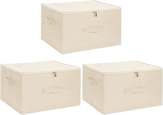 ANMINY 3PCS Storage Bins with Zipper Lids 36 Qt Lidded Fabric Storage Boxes Baskets Cubes with Handles Collapsible Washable Cotton Linen Closet Shelf Clothes Organizer Containers - Beige, Large-NeatNest
