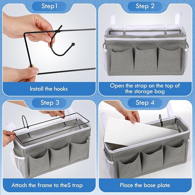 3 Pcs Bedside Caddy Storage Organizer, Bedside Hanging Storage Bag with Pockets and Fixed Straps for Bunk Bed Shelf Dorm Rooms Crib Bed Rails Hospital Beds, Can Be Placed Glasses Books-NeatNest