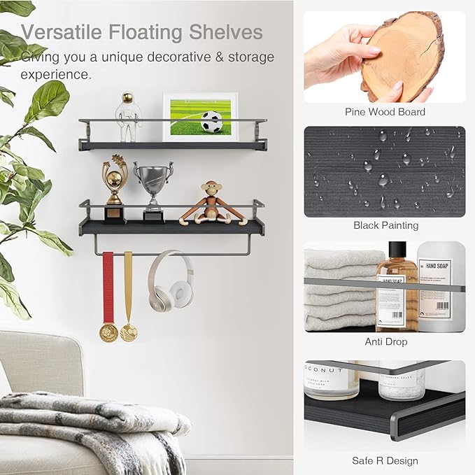 Forbena Black Floating Shelves for Bathroom Wall Set of 2, Kitchen Spice Rack Wall Mount, Modern Wood Hanging Wall Shelves for Bedroom Organizer, Restroom Pantry Closet Storage (Grey-Black)-NeatNest