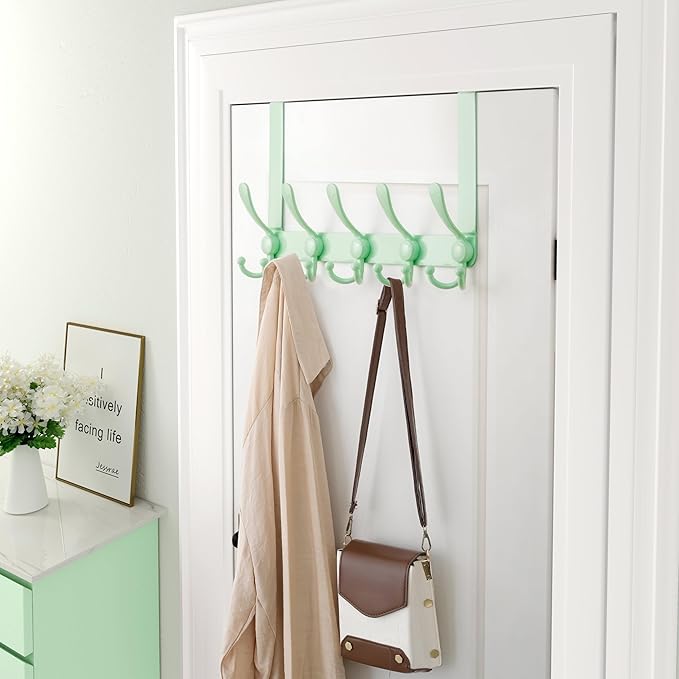 Dseap Over Door Hook 2.0 - Upgraded Version - Simple-Assembly, Strong, Heavy-Duty Stainless Steel 5-Tri-Hook Over The Door Hanger Rack, SimpleStrong Series, Green