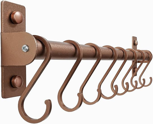 Dseap Kitchen Utensil Holder Hanger, Pot and Pan Rack Wall Mounted, Kitchen Rail with 8 Hooks for Hanging Cooking Utensils, Mugs, Spoons, Wall Mounted, Antique Copper-NeatNest