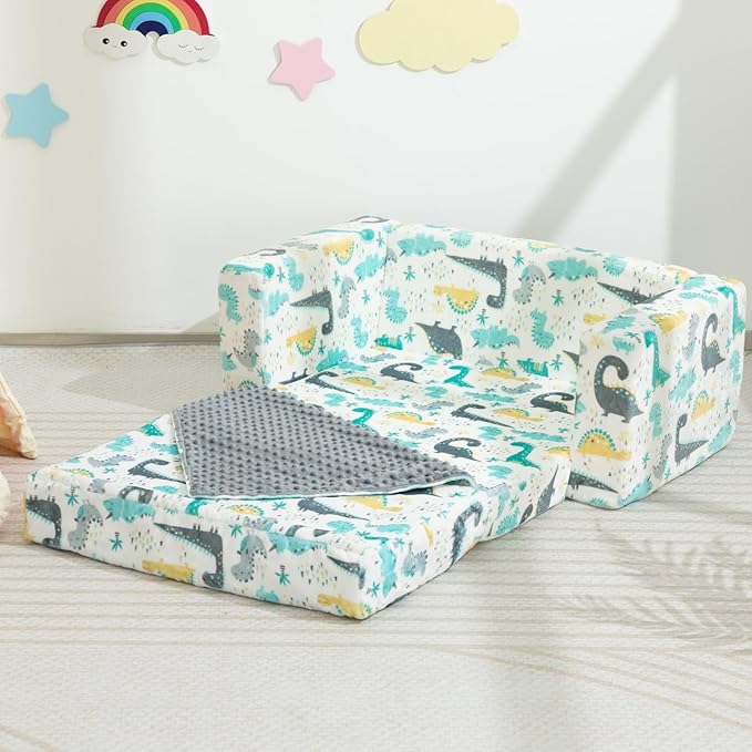 ALIMORDEN Fold Out Toddler Couch, Extra Wide Comfy 2-in-1 Cuddly Sherpa Sofa for Kids, with Removable Baby Friendly Blanket, Convertible Sofa to Bed, Dinosaur-NeatNest