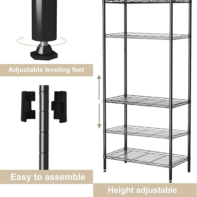 HOMEFORT 5-Shelving Unit, Adjustable Wire Shelving, Metal Wire Shelf Rack Organizer for Kitchen, Pantry, Closet, Bathroom, Laundry, Black,21" W x 11" D x 59" H
