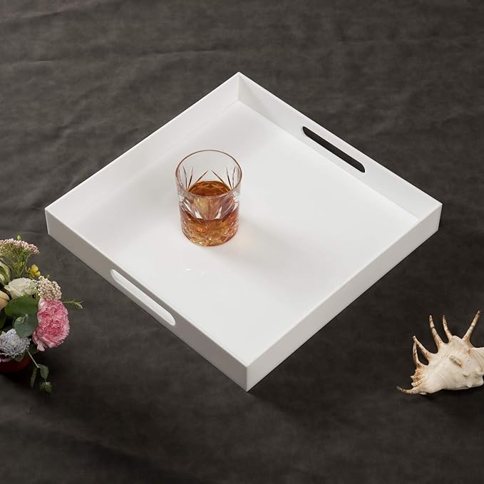 Glossy White Sturdy Acrylic Serving Tray with Handles-14x14Inch-Serving Coffee,Appetizer,Breakfast,Butler-Kitchen Countertop Tray-Makeup Drawer Organizer-Vanity Table-Ottoman Tray-NeatNest