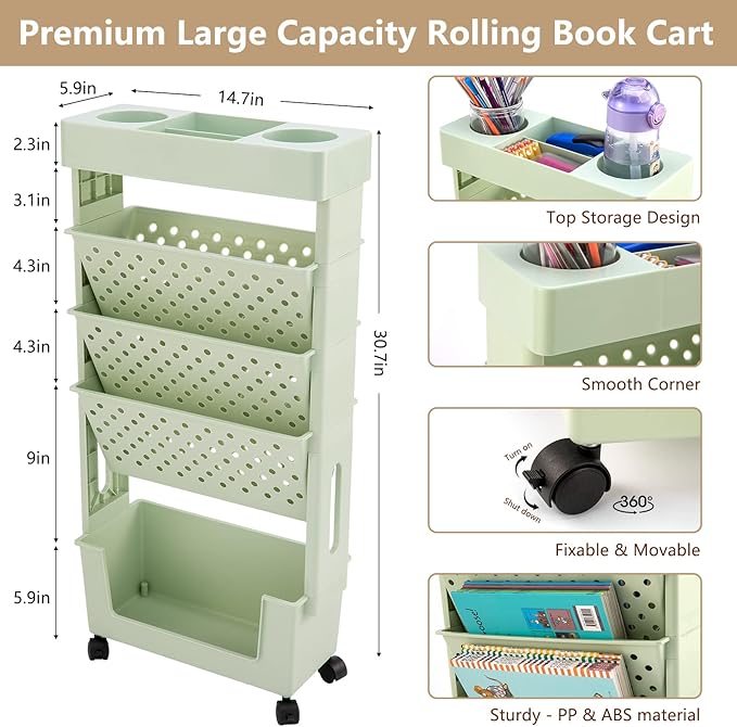 CINPIUK Rolling Office Paper Organizer, Mobile Book Cart Document Folder File Storage with Pen Holder, Slim Rolling Storage Cart Movable Bookshelf for Office, Dorm, Classroom, Nursery, Green-NeatNest