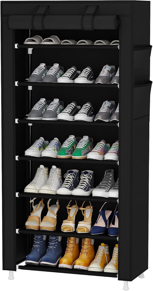 Calmootey 7 Tier Shoe Rack Organizer,Portable Shoe Shelf with Nonwoven Fabric Cover for Closet Hallway,Bedroom,Entryway,Black-NeatNest