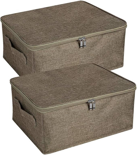ANMINY 2PCS Storage Bins with Zipper Lids 13 Qt Lidded Fabric Storage Boxes Baskets Cubes with Handles Collapsible Washable Cotton Linen Closet Shelf Clothes Organizer Containers - Coffee, Small-NeatNest