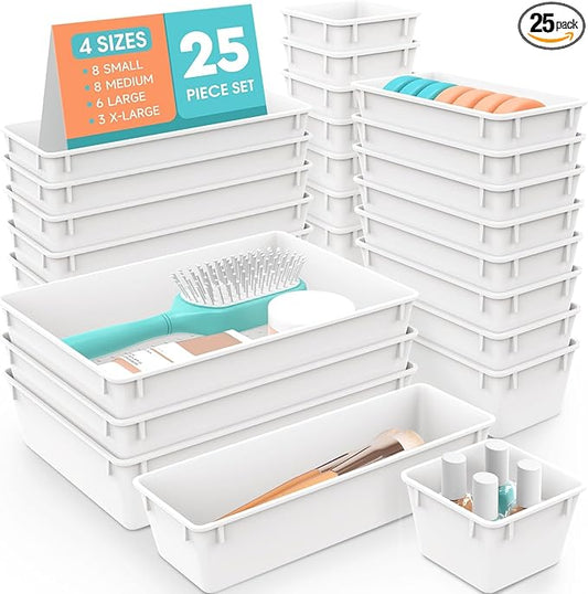 25 PCS Plastic Drawer Organizer Set, 4-Size Versatile Organizer Trays & storage Bins for Makeup, Jewelry, and Gadgets in Bathroom, Bedroom and Office, White-NeatNest
