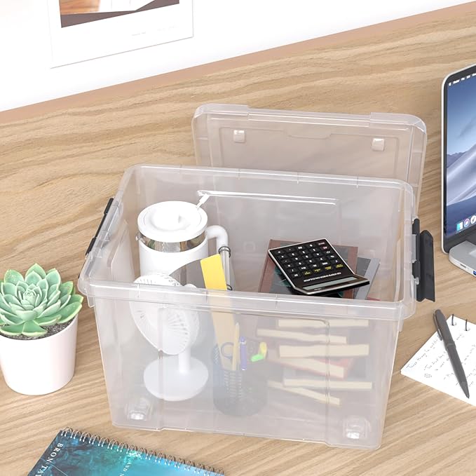 32 Quart Clear Plastic Latch Storage Bins with Wheels, 4 Pack Large Clear Plastic Storage Box with Lid