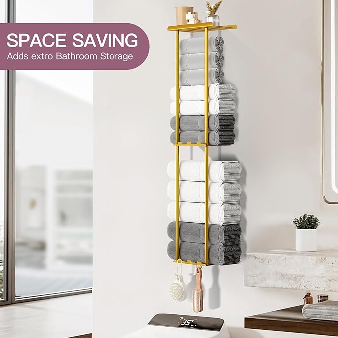 Towel Racks for Bathroom, 36.6 inch Metal Towel Storage, 8 Large Bath Towels Capacity, 3-Tier Towel Holder for Bathroom, with Shelf & 6 Hooks, Wall Mounted Towel Rack for Rolled Towels, Gold