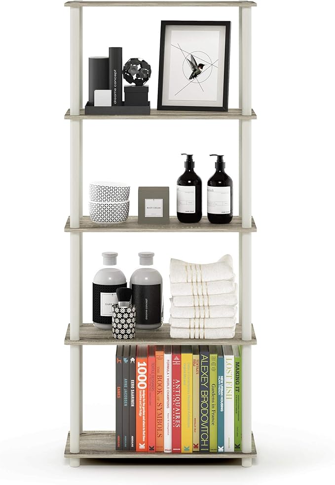 Furinno Turn-N-Tube 5-Tier Multipurpose Shelf / Display Rack / Storage Shelf / Bookshelf, Round Tubes, Sonoma Oak/White-NeatNest