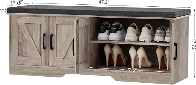 2-Tier Storage Bench, Shoe Bench with Padded Seat Cushion, Entryway Bench with 4 Barn Doors, Adjustable Shelf, 13.8" D x 47.2" W x 17.7" H, for Entryway, Living Room, Bedroom, Greige-NeatNest