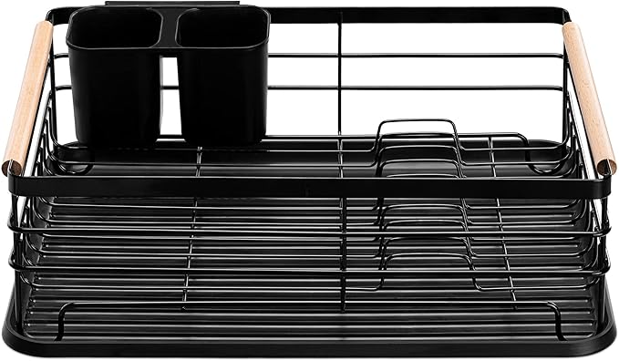 Navaris Dish Drainer Rack - Plate, Silverware, Pots and Pans Drying Rack for Kitchen with Beechwood Handles - Modern Retro Design Drip Tray - Black
