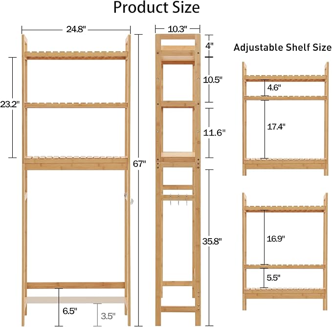 HITOMEN Over The Toilet Storage Cabinet, Bamboo Adjustable 3-Tier Above Toilet Shelf, Stable Freestanding Above Toilet Organizer with 3 Hooks for Bathroom Restroom Laundry Balcony, Natural 67" H